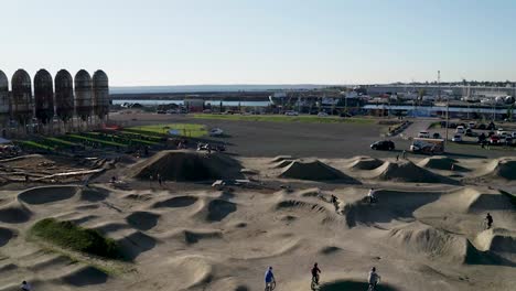 Biking-At-The-Waterfront-Pump-Track-Near-Whatcom-Creek-In-Bellingham,-Washington