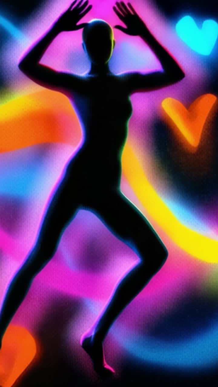 Silhouette energica che balla tra colori vibranti e cuori astratti, invocando un senso di libertà ed espressione artistica in una composizione visiva dinamica.