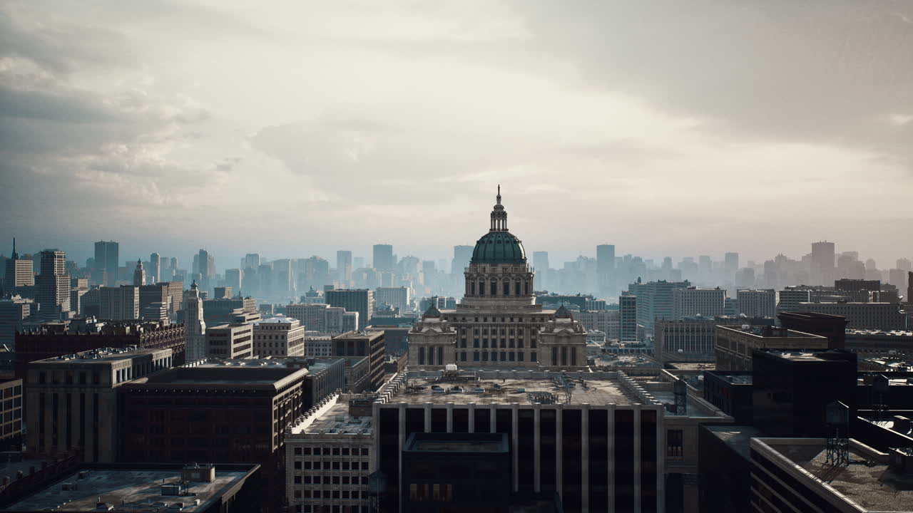Vista matinal que captura o orgulho cívico e os detalhes arquitetônicos