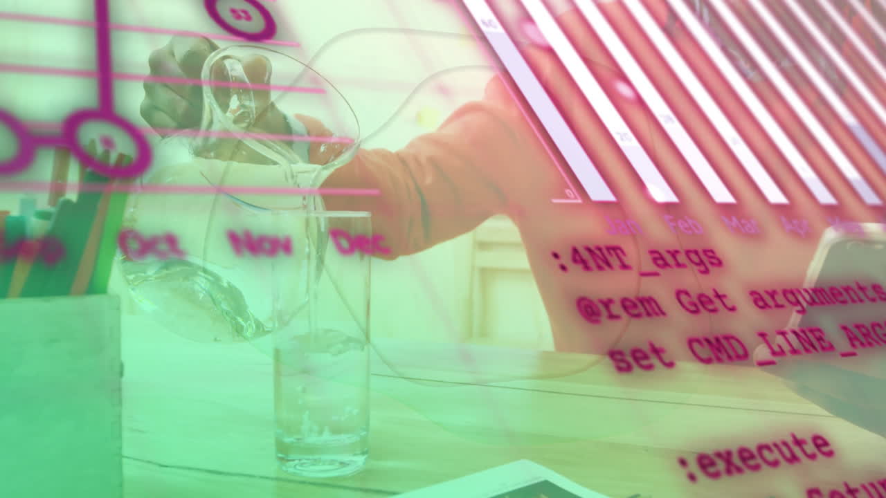 Man pouring water from glass carafe into tall glass while technology code and bar chart appearing