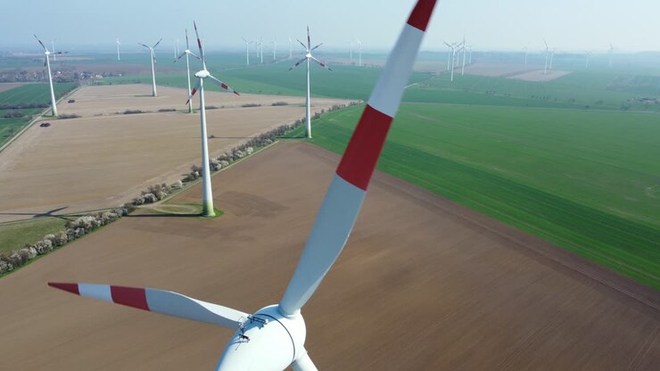 Aerial View of Wind Farm on a Sunny Day