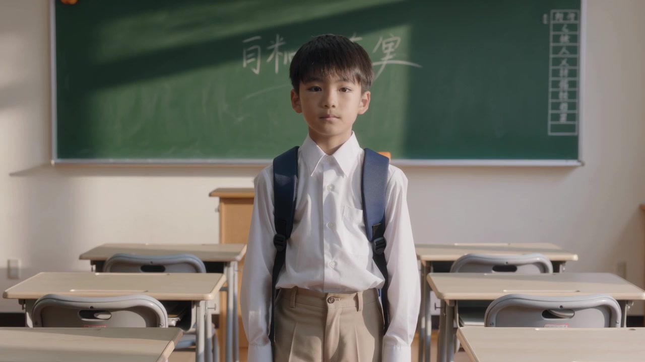 学校の通路から、白いシャツとバックパックを着用した少年が黒板に向かって歩き、立ち止まる。