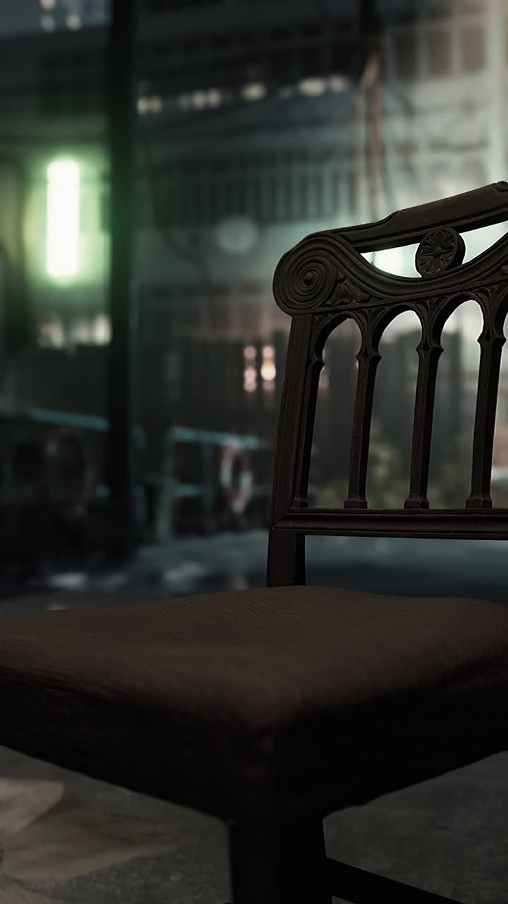 Close-up of an Old Wooden Chair in a City at Night