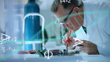 animation of spinning dna strand and mathematical formulas over scientist