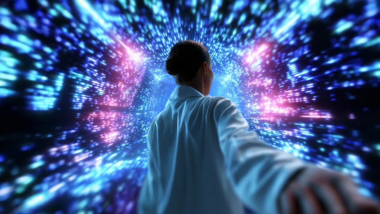 A scientist navigates through a vibrant digital realm filled with swirling lights and data, symbolizing exploration within a world of advanced technology and scientific discovery, embodying innovation in research
