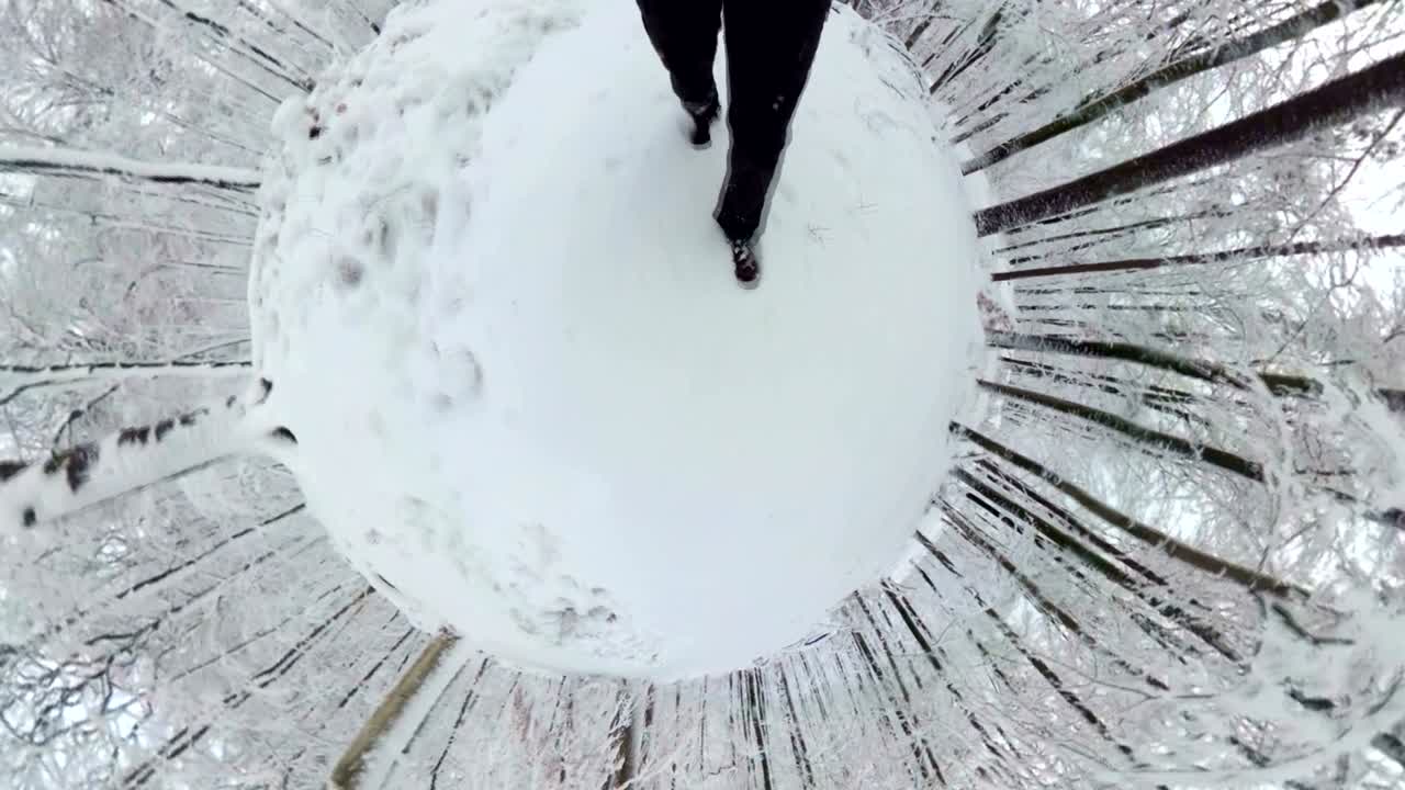 아름다운 겨울 숲을 고 있는 남자, 360도 vr, 작은 행성 효과