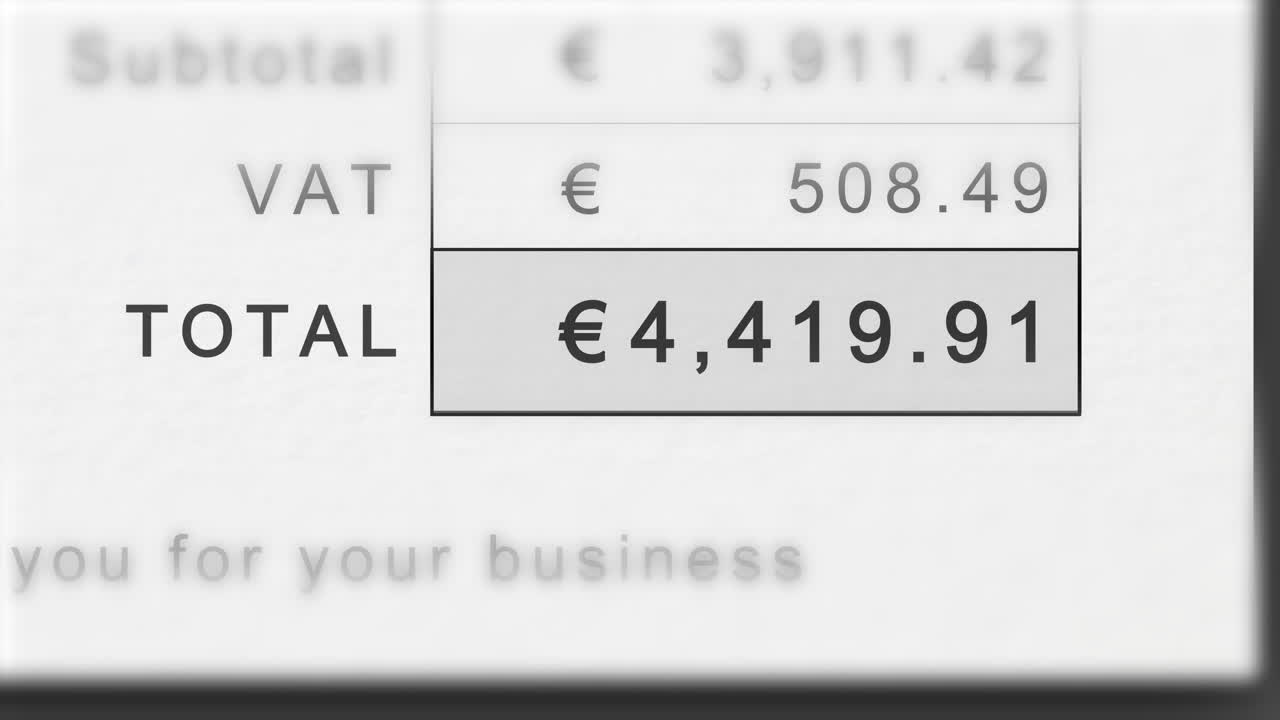 Static animation of a growing invoice total in euros with VAT