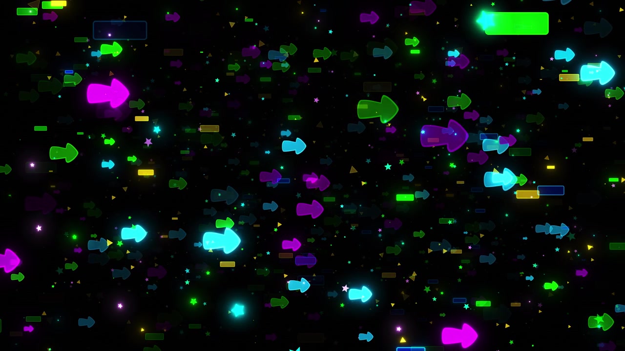 Colorful arrow confetti motion neon shapes stars rectangles glowing particles black space for