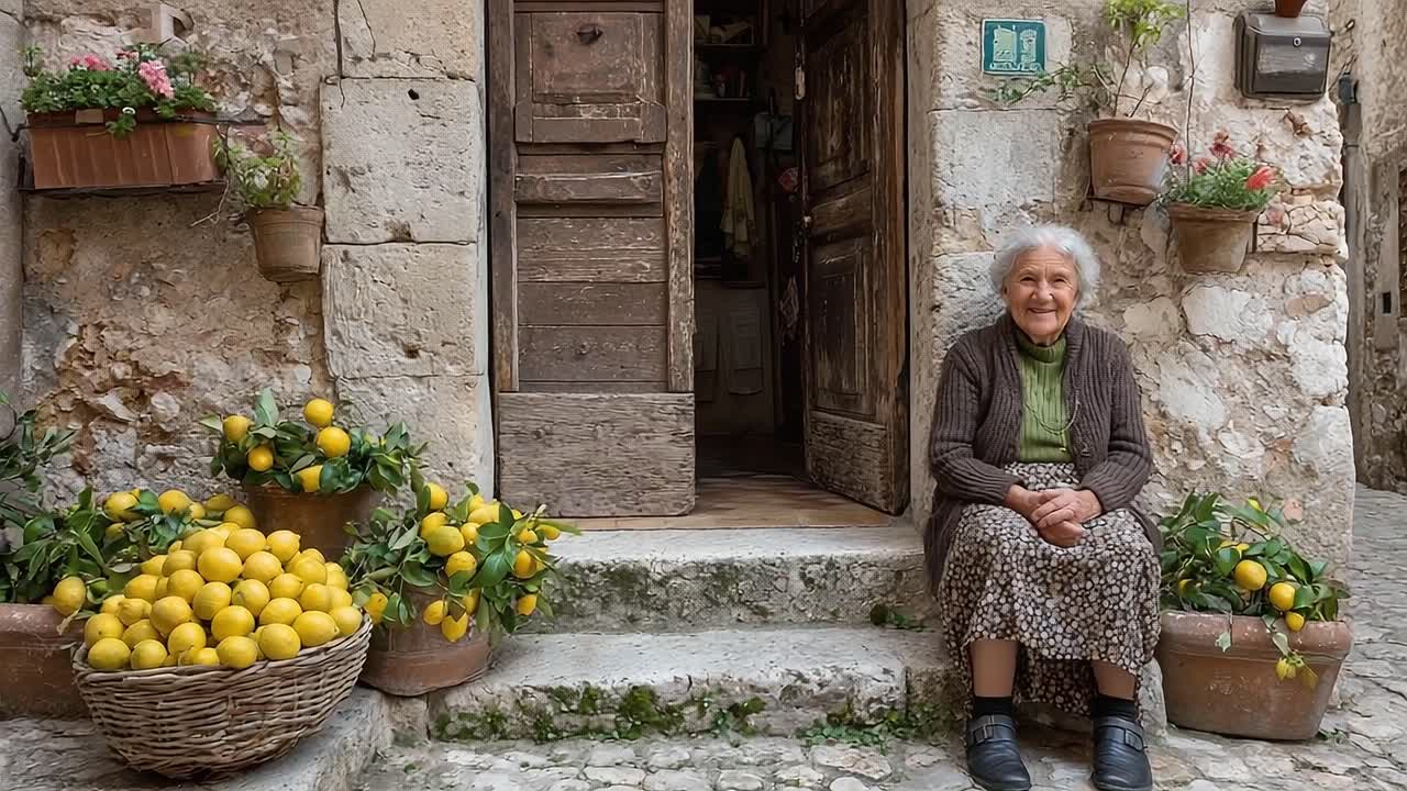 A Heartwarming Scene Featuring an Elderly Woman Enjoying a Peaceful Moment on Her Doorstep Surrounded by Lush Lemon Harvest, Capturing the Essence of Serene Village Life
