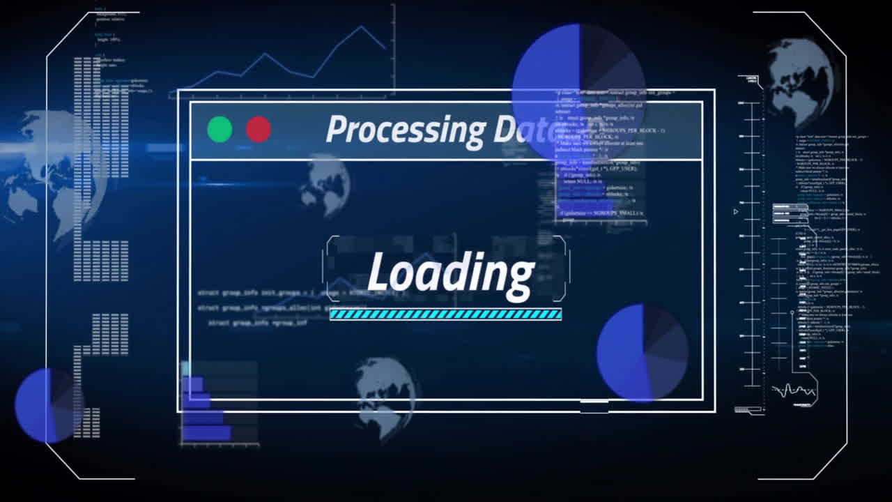 어두운 배경의 화면에서 텍스트 및 데이터 처리의 애니메이션