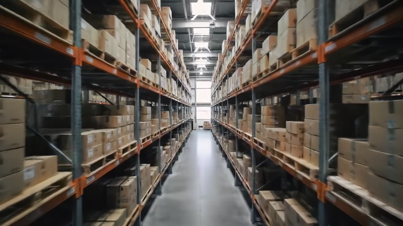 A Wide-Angle View of an Organized Warehouse Aisle Filled with Stacked Cardboard Boxes, Showcasing Efficient Storage and Logistics Management Strategies