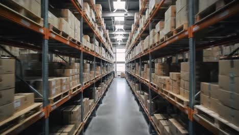 a wide-angle view of an organized warehouse aisle filled with stacked cardboard boxes, showcasing efficient storage and logistics management strategies