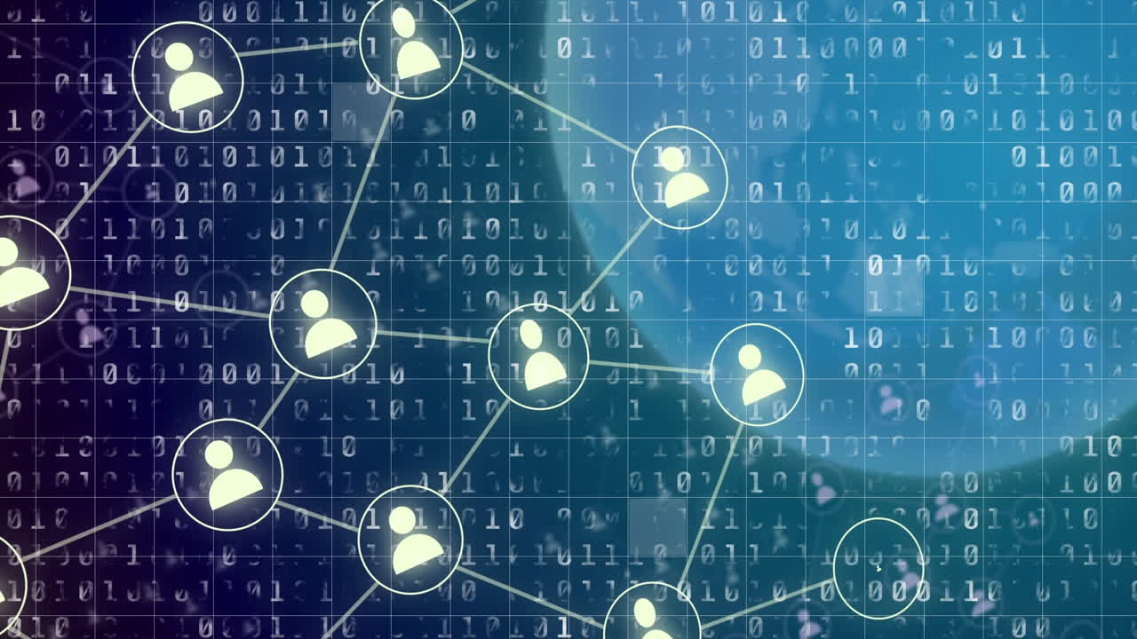 Animation of globe with icons and binary coding data processing
