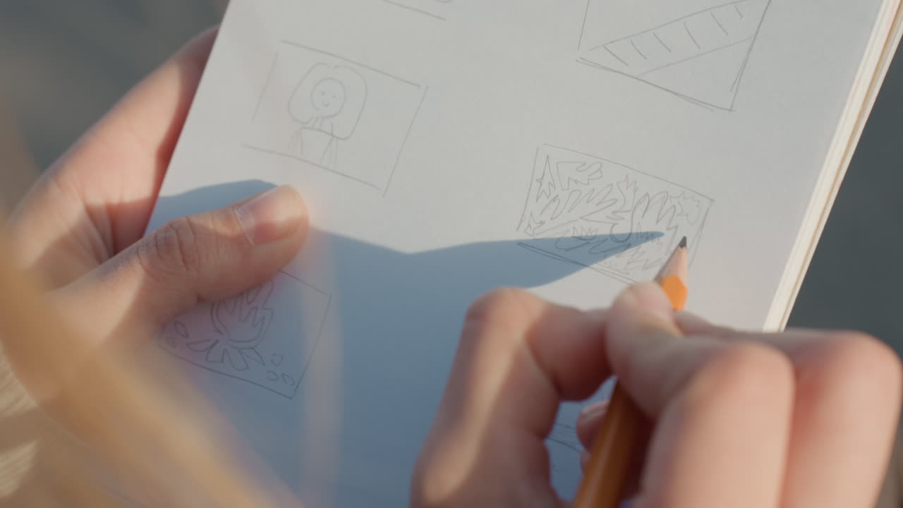 Primer plano de manos dibujando miniaturas punteadas en una página de cuaderno iluminada por el sol, un lápiz golpeando suavemente para crear una cuadrícula, pequeños estudios de retratos y patrones triangulares, la cálida luz del sol proyecta una sombra suave, con gran concentración.