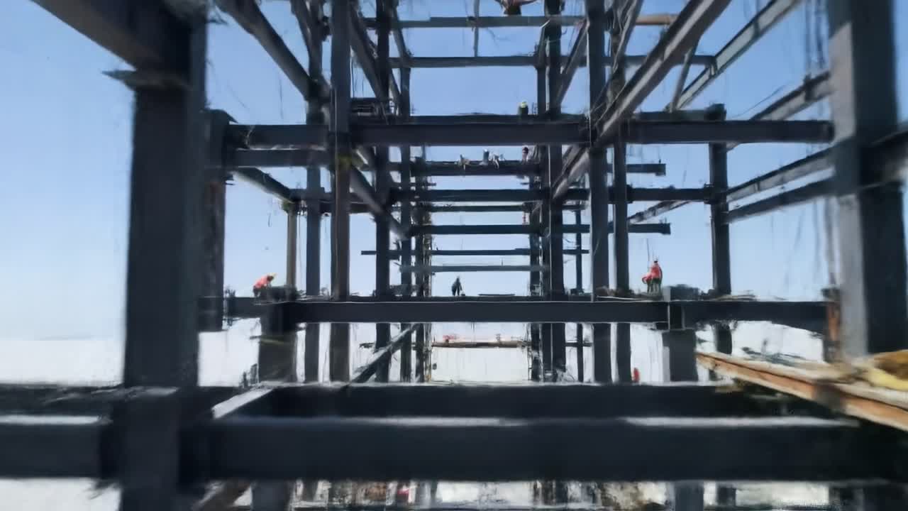 Workers are assembling steel structures at a coastal construction site under clear skies. Heavy machinery aids in lifting and securing components for the project.