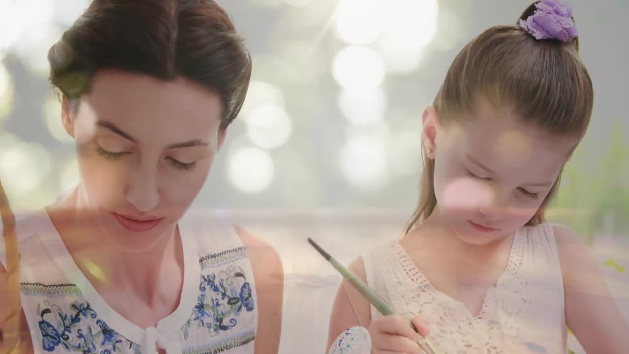 부활절 달 ⁇  을 장식 하는 어머니 와 딸 의 애니메이션