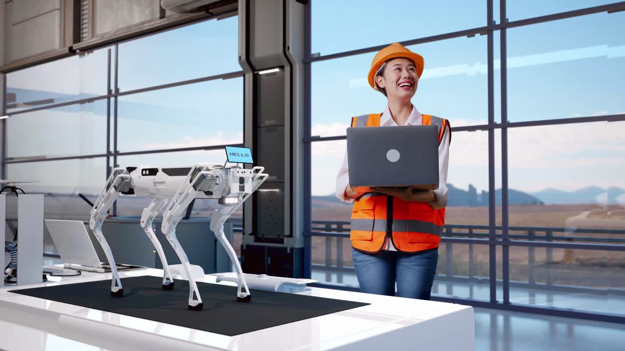 corpo pieno di ingegnere donna asiatica con casco di sicurezza che lavora su un portatile e si guarda intorno mentre si trova in una fabbrica ad alta tecnologia, analizzando il concetto di macchina robotica