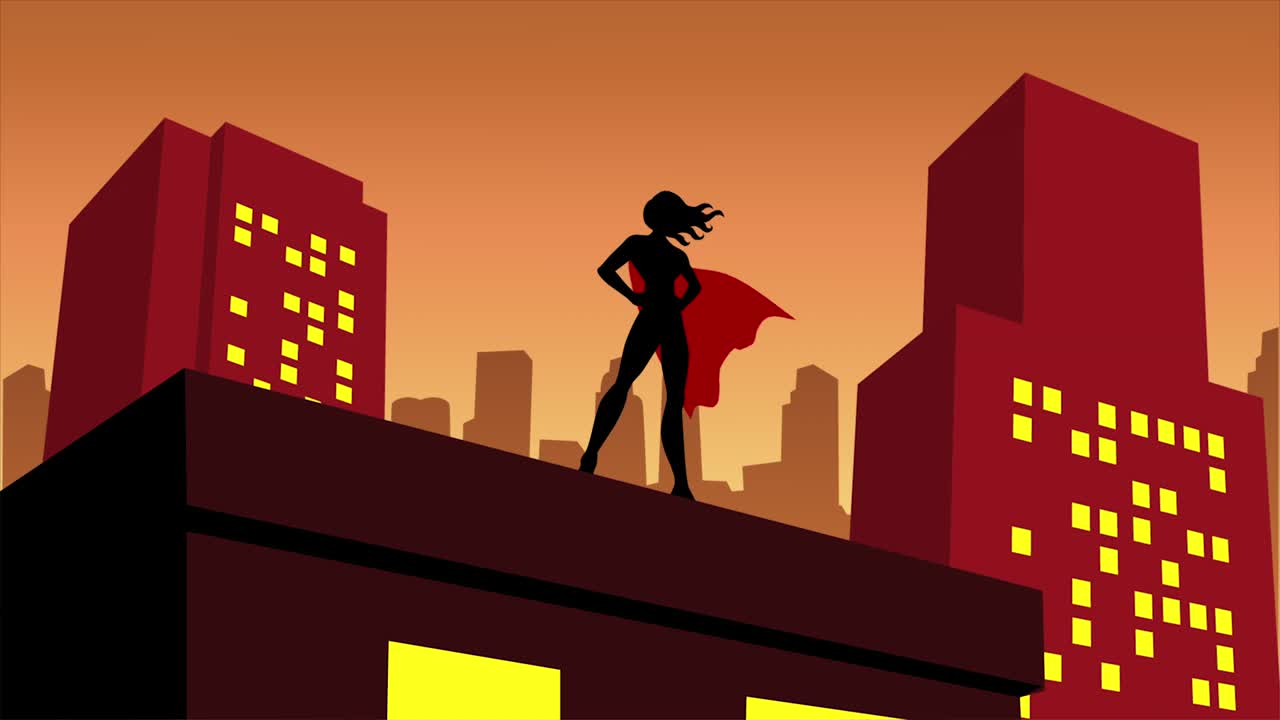 mujer superhéroe con capa y cabello en un video de animación de la ciudad