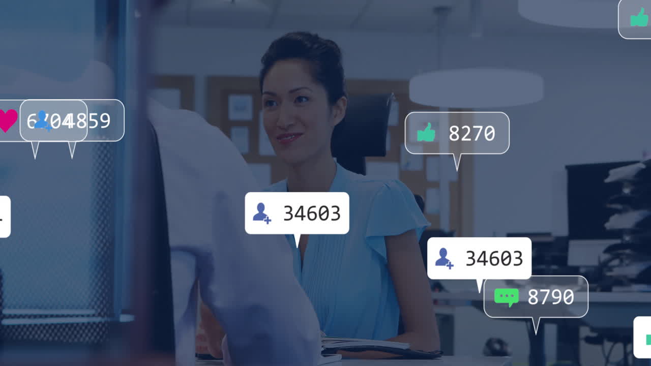 소셜 미디어 알림: 사무실에서 일하는 사업가에 대한 애니메이션