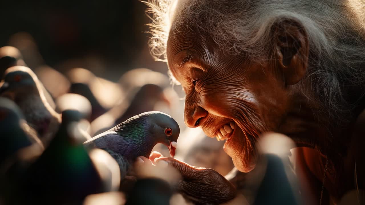 An elderly woman shares a joyful moment with a pigeon, her joyful expression and the close proximity to the creature illuminating a deep bond between humans and nature