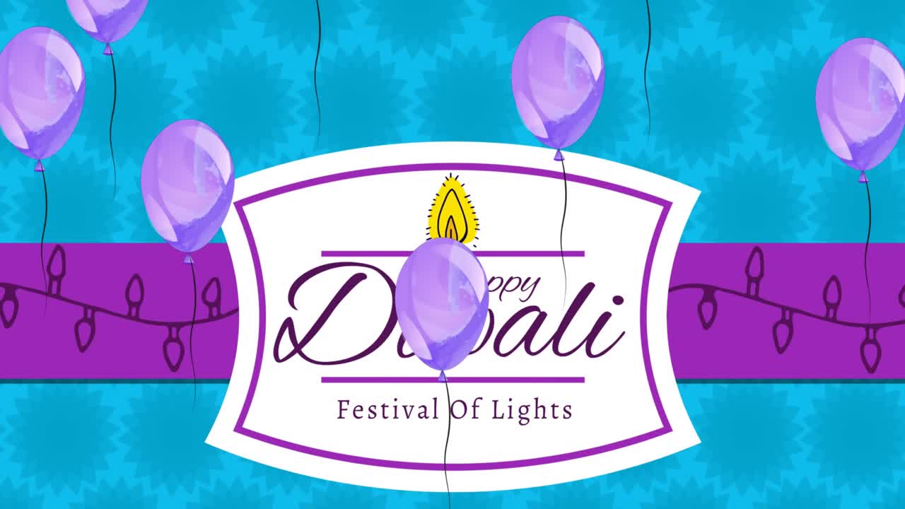 animación de globos flotantes sobre un feliz festival de luces de diwali sobre una etiqueta en un fondo azul