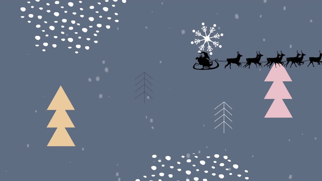 santa claus en trineo siendo tirado por renos contra los iconos del árbol de navidad en fondo gris