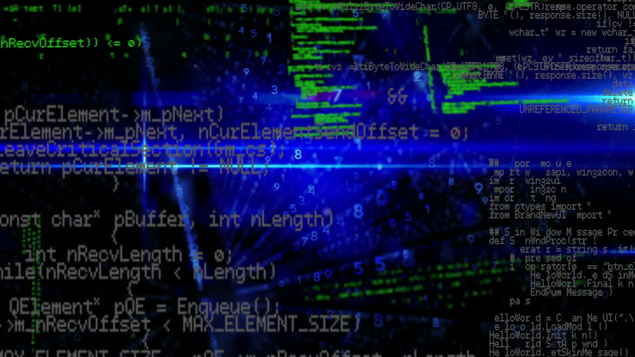 Animation of light trails over data processing on black background