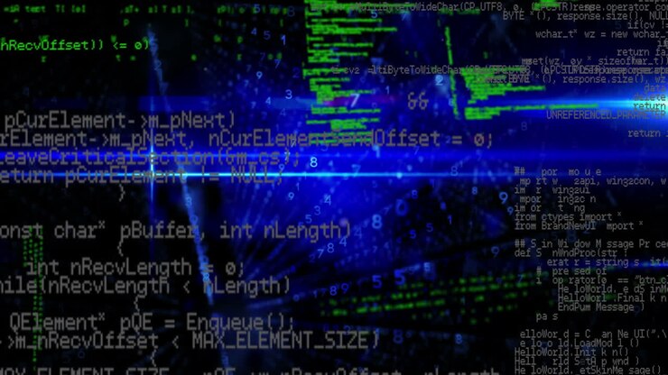 Animation of light trails over data processing on black background