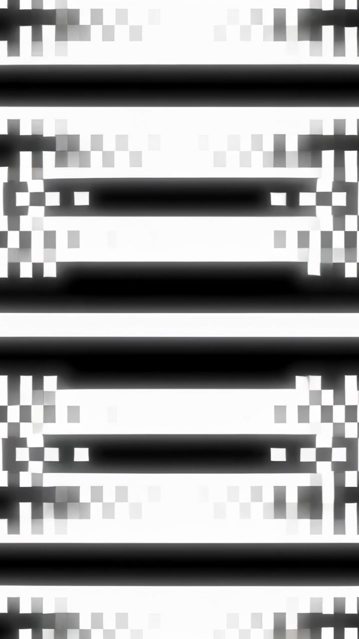 Vertikales Video: Wiedergabestart, schwarze Balken verschieben sich auf dem Bildschirm, Schachbrettpixel verblassen zu Bändern.