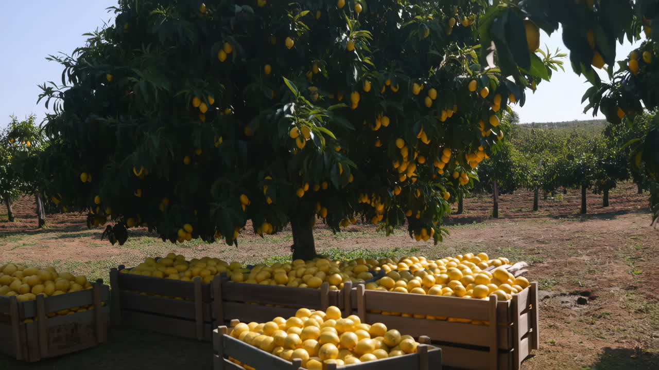Raccolta di limoni in un limoneto con cassette di limoni freschi