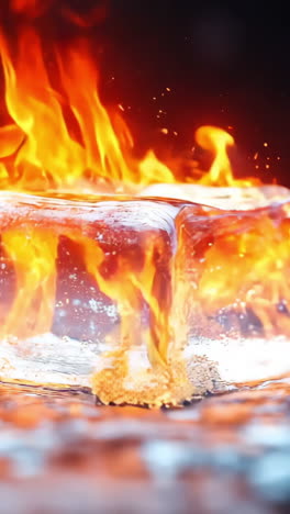 fiery ice block contrast. a block of ice sits on a wet surface, surrounded by intense flames, showcasing a remarkable clash of elements.