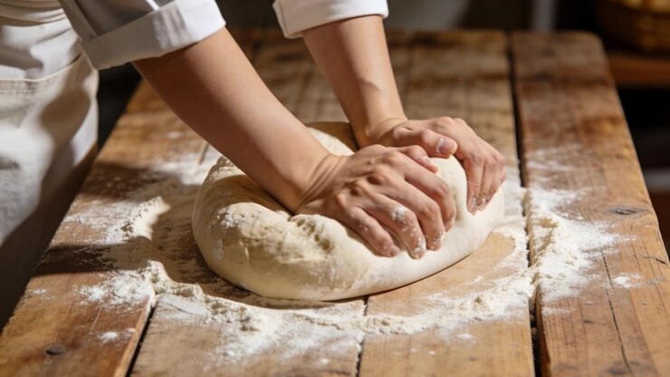 Palms landing on dough, baker pressing, folding for baking at bakery bench, flour, white sleeves
