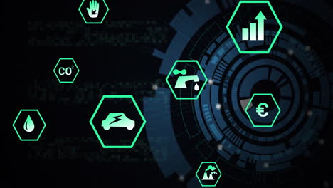 hexagonal icons showing energy, finance, and environment on digital school interface