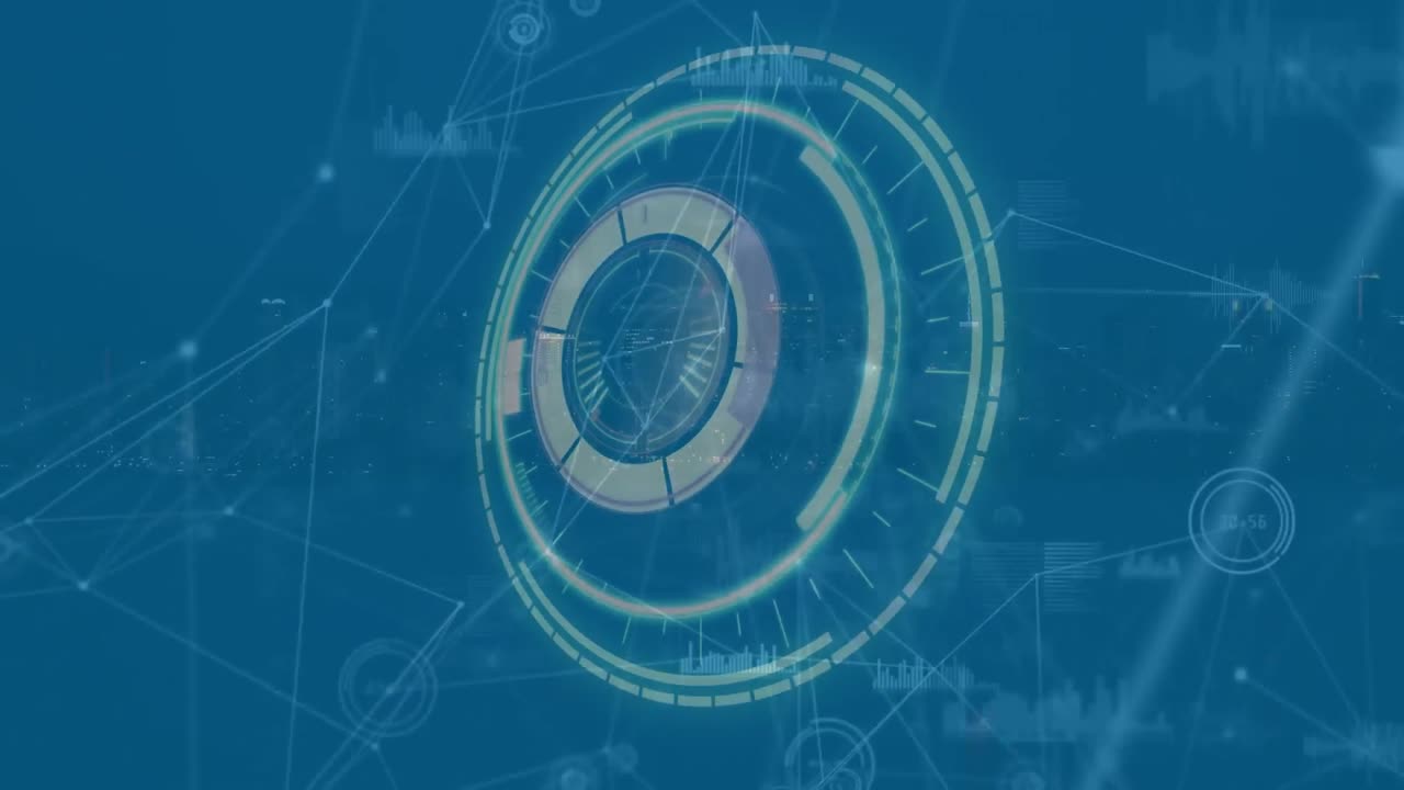 animación del escáner redondo, la red de conexiones y el procesamiento de datos contra un fondo azul