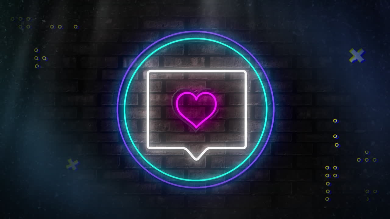 다양한 모양의 파란색 배경 위에 심장을 가진 네온 원의 애니메이션