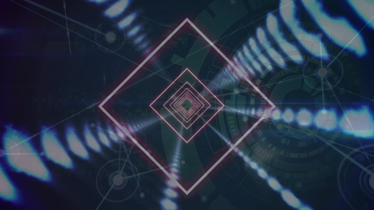 Forming futuristic tunnel animation, geometric shapes and digital patterns intertwining