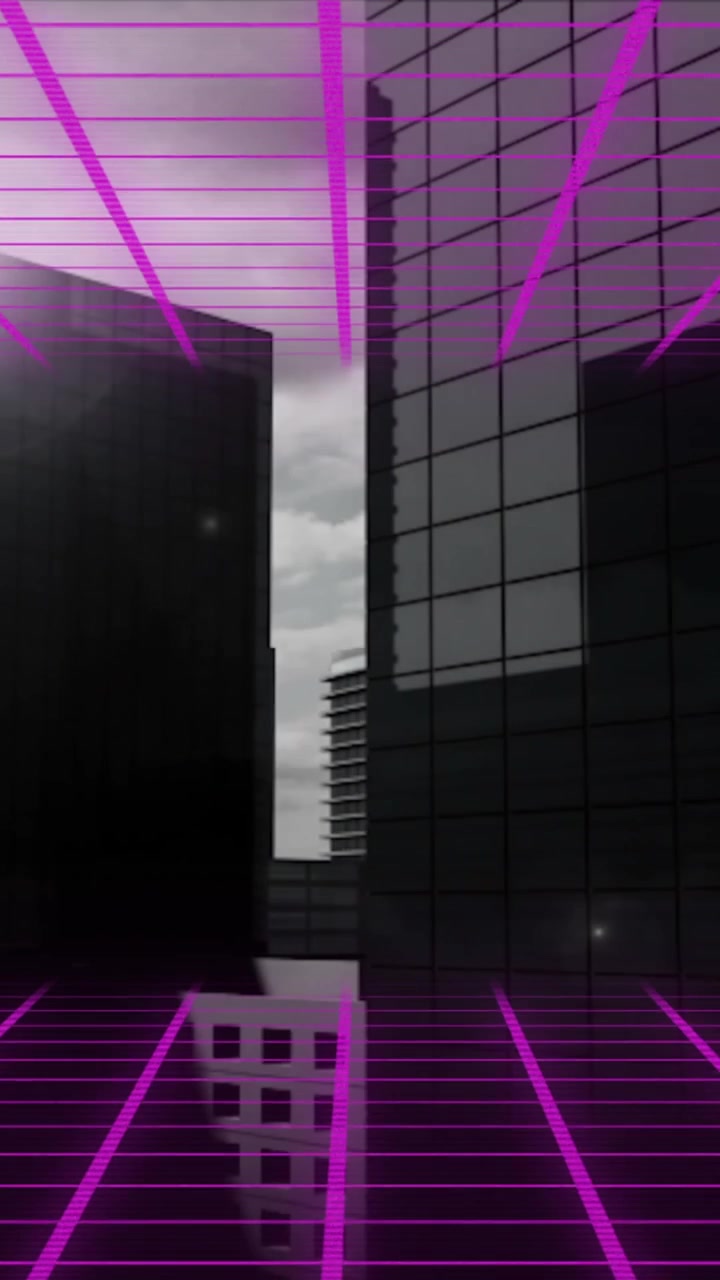Composição digital de rede de grade roxa contra edifícios altos ao fundo