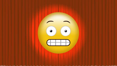 animación de la luz de los reflectores con emoji de cara con muecas contra cortinas rojas abriendo el fondo