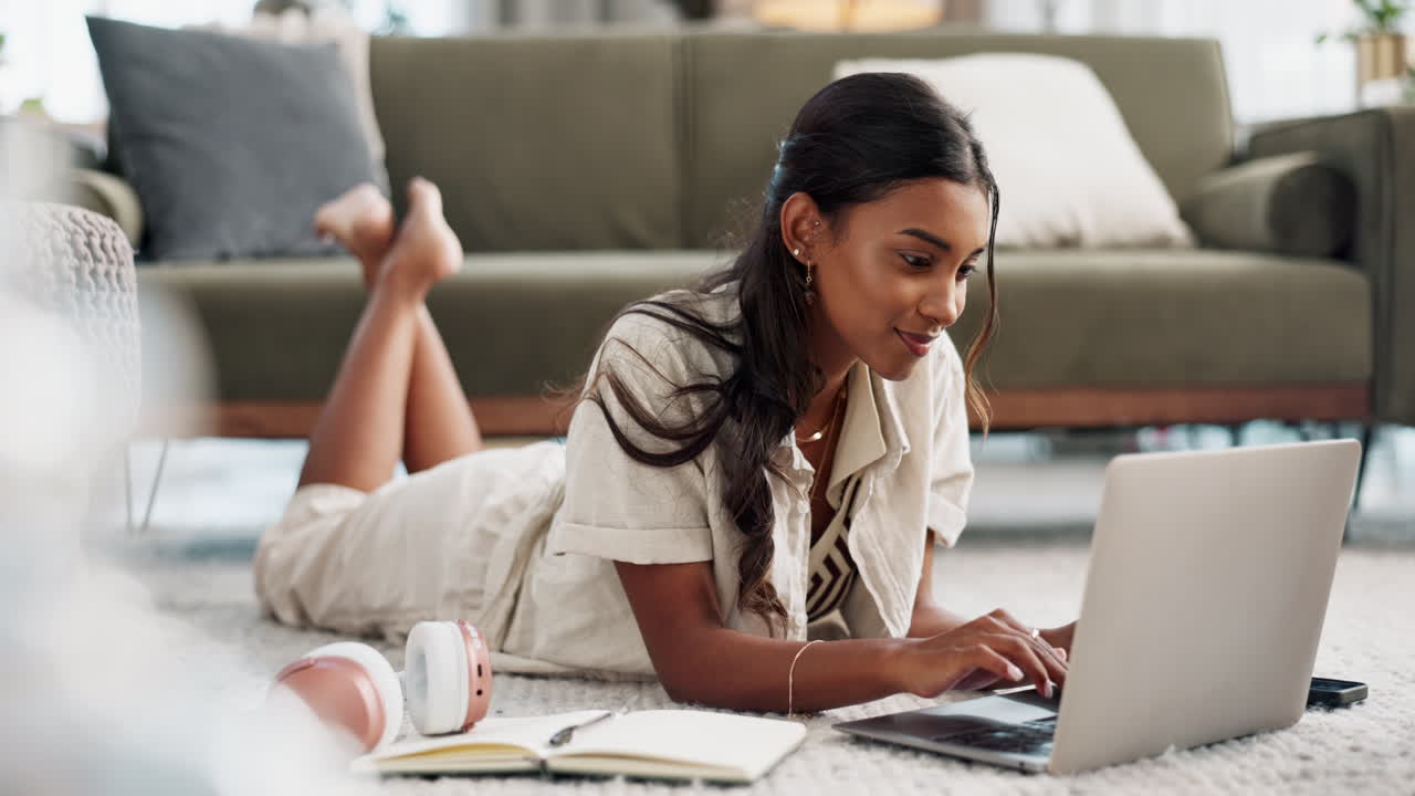 Woman, relax on floor and laptop for home