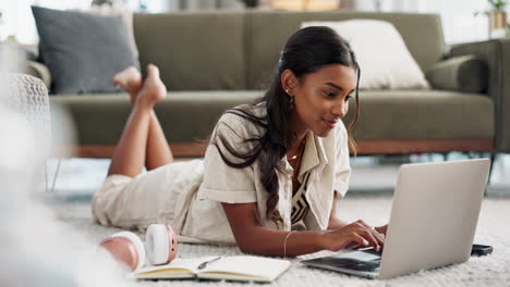 Woman,-relax-on-floor-and-laptop-for-home