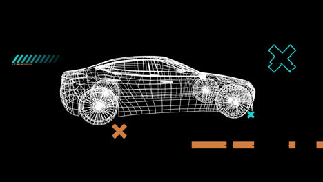 animation of falling shapes over 3d car drawing spinning on black background