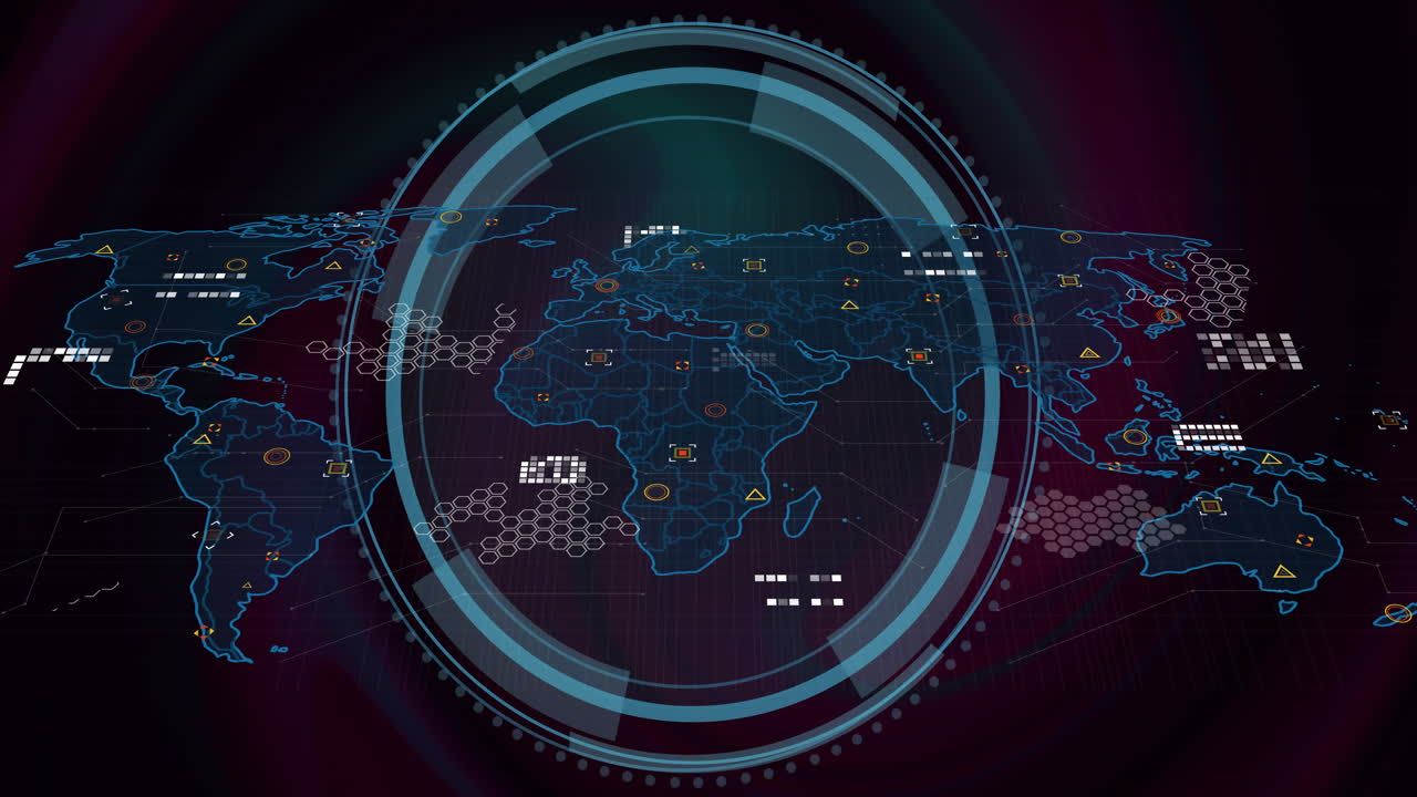 Central concentric HUD rings rotating over transparent world map, displaying hex grid data markers