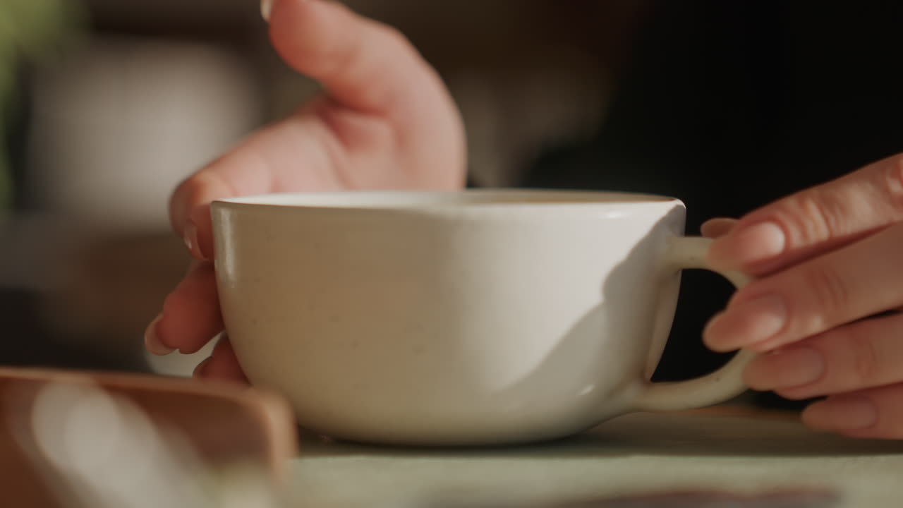 Primo piano di mani che reggono una tazza di ceramica su un tavolo di legno, luce mattutina soffusa, toni caldi, vasaio che ispeziona la smaltatura con un lento movimento tattile, sfondo di una cucina minimalista, profondità di campo ridotta, calma accogliente