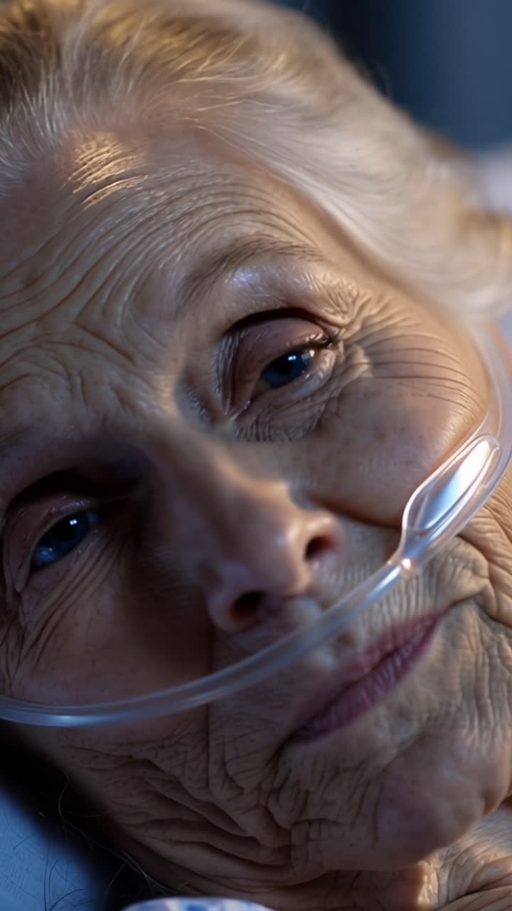 Primo piano di una donna anziana con un tubo per l'ossigeno. I suoi occhi rivelano una forza tranquilla e calma. Il viso rugoso mostra una pace gentile e duratura. Una luce soffusa evidenzia la sua espressione serena.