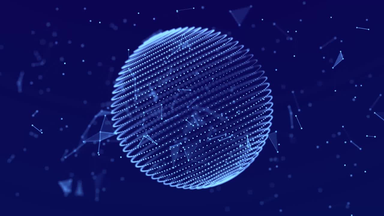 Abstract 3d sphere. Mesh with dots and lines motion. Concept of network, internet communication. 3d rendering. Seamless loop. 4K