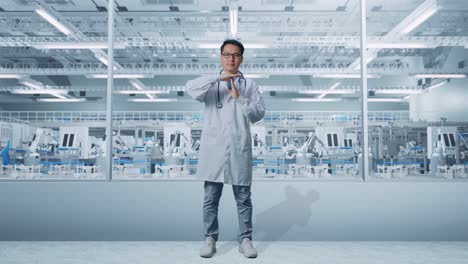 cuerpo lleno de médico masculino asiático con estetoscopio haciendo tiempo fuera gesto con las manos en el laboratorio