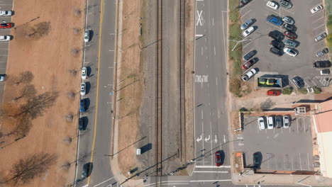 Aerial-Above-Historic-Railway-In-Central-Durham,-North-Carolina-USA