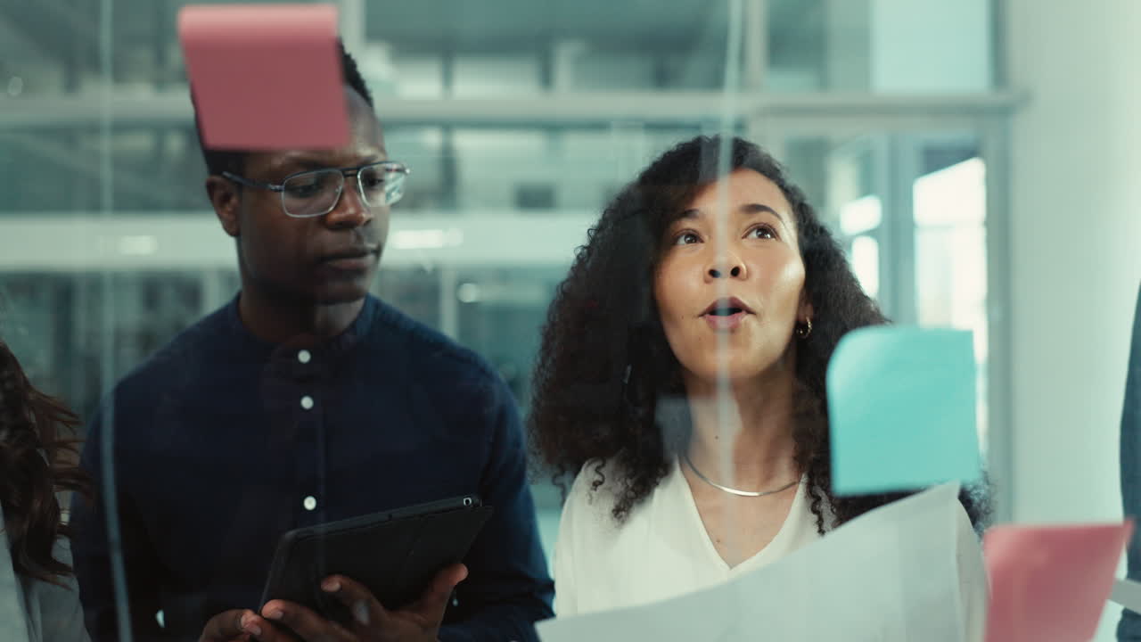 Business woman, manager and team on glass board