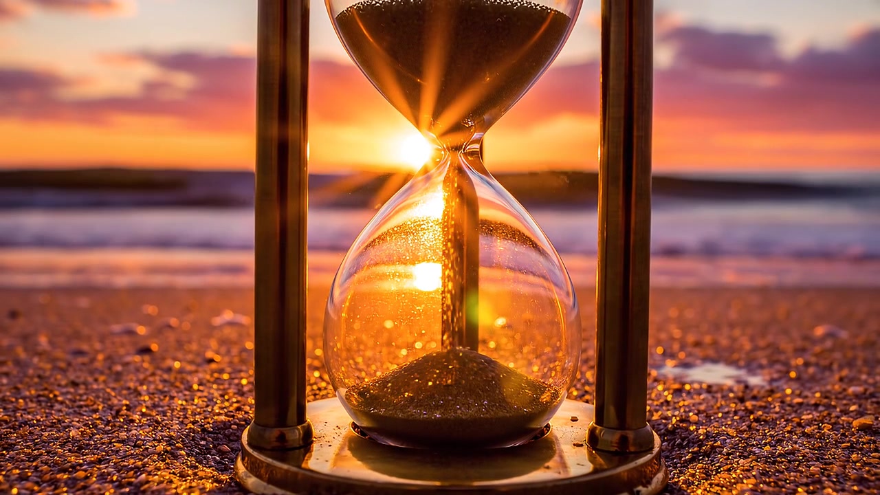 Golden hourglass on a beach at sunset symbol of time