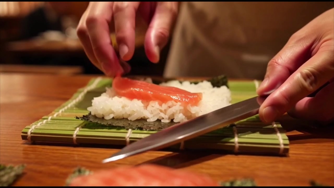 Profesionální sushi šéfkuchař připravuje rolku z čerstvého lososa v restauraci